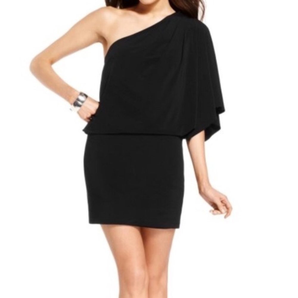 JESSICA SIMPSON BLACK BLOUSON ONE-SHOULDER DRESS